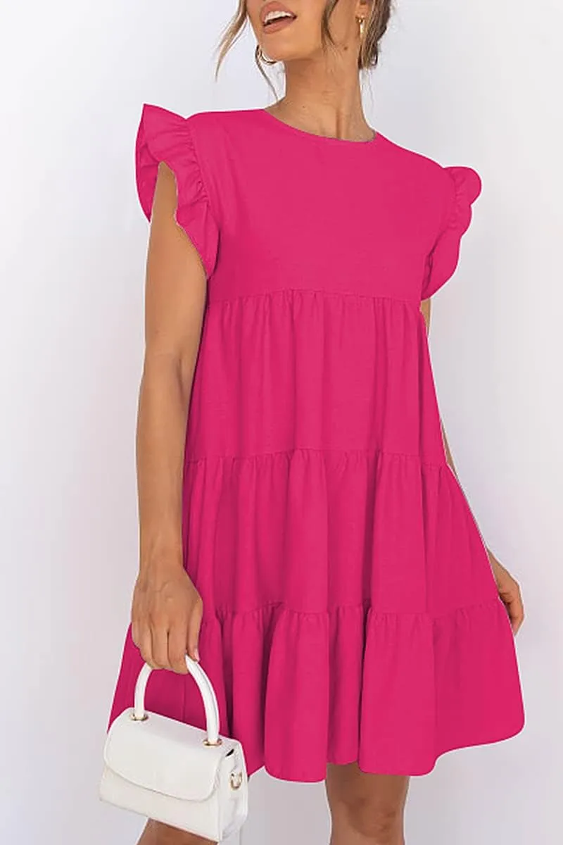 IHOT Women Babydoll Summer Casual Crew Neck Ruffle Sleeve Sleeveless Flowy Mini Short Tunic Dress