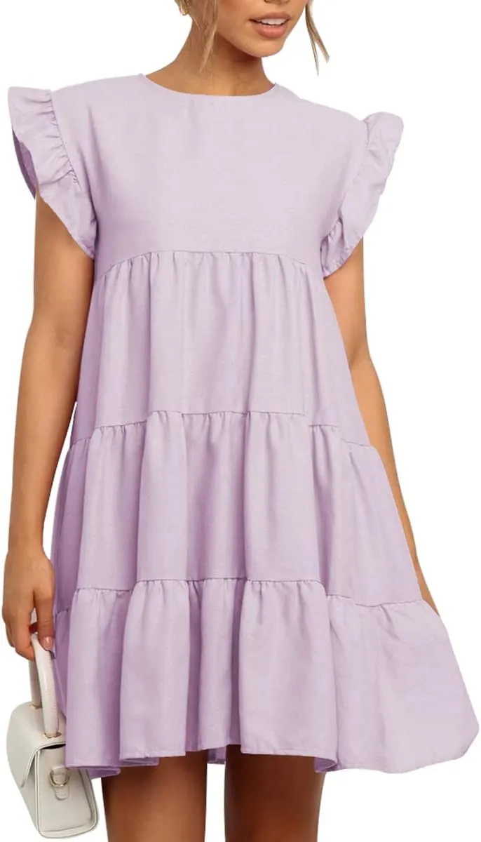 IHOT Women Babydoll Summer Casual Crew Neck Ruffle Sleeve Sleeveless Flowy Mini Short Tunic Dress