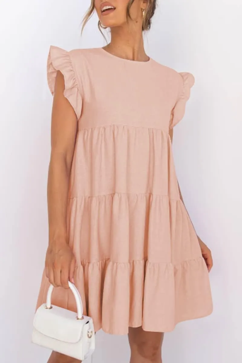 IHOT Women Babydoll Summer Casual Crew Neck Ruffle Sleeve Sleeveless Flowy Mini Short Tunic Dress