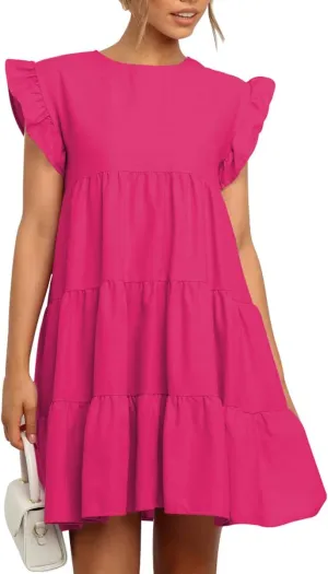 IHOT Women Babydoll Summer Casual Crew Neck Ruffle Sleeve Sleeveless Flowy Mini Short Tunic Dress