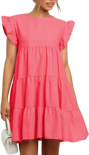 IHOT Women Babydoll Summer Casual Crew Neck Ruffle Sleeve Sleeveless Flowy Mini Short Tunic Dress