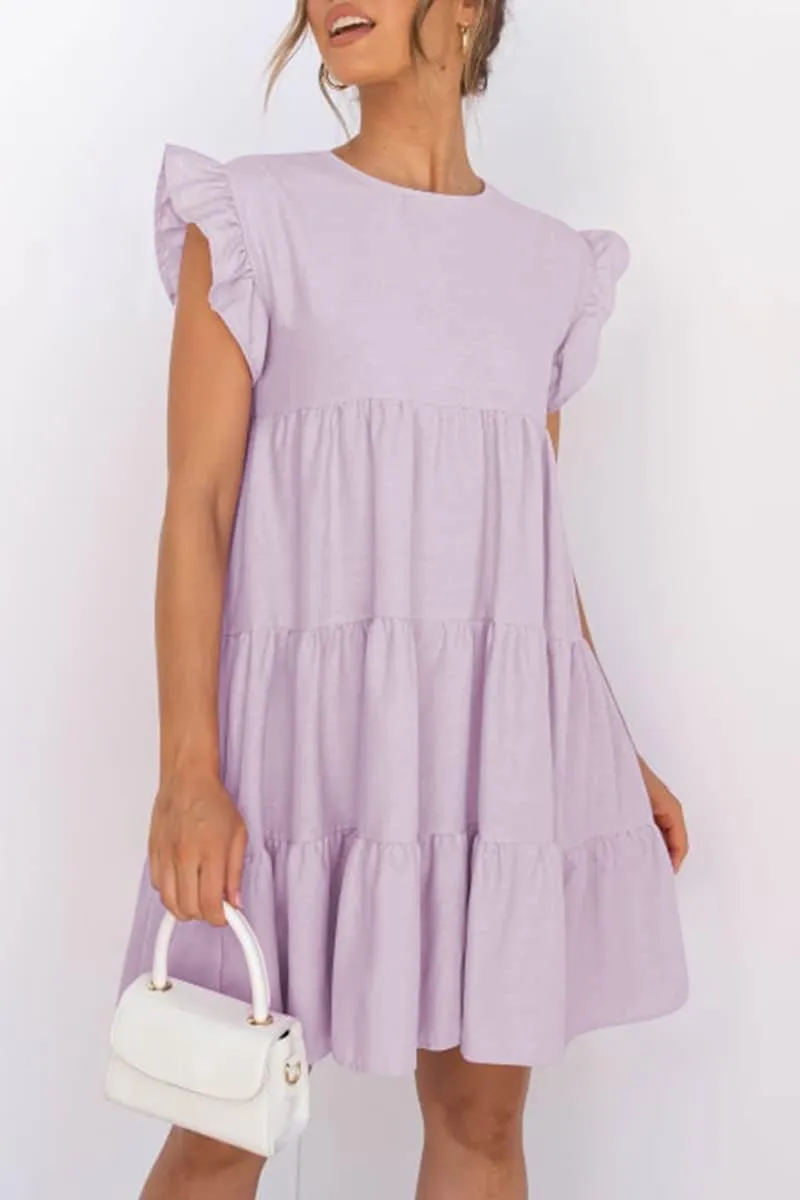 IHOT Women Babydoll Summer Casual Crew Neck Ruffle Sleeve Sleeveless Flowy Mini Short Tunic Dress