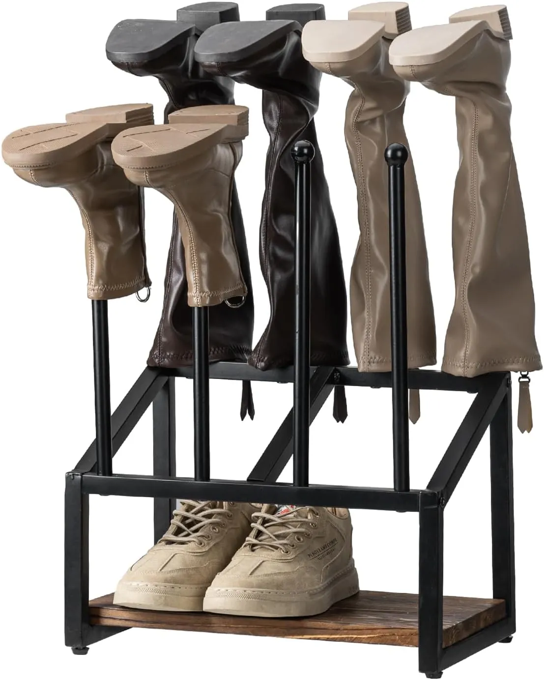 Industrial Metal & Burnt Wood 4-Pair Boot Rack with Shoe Shelf - Freestanding Rustic Entryway Organizer, Non-Slip Floor Protector for Mudroom/Garage/Closet