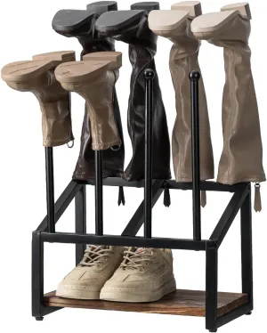 Industrial Metal & Burnt Wood 4-Pair Boot Rack with Shoe Shelf - Freestanding Rustic Entryway Organizer, Non-Slip Floor Protector for Mudroom/Garage/Closet