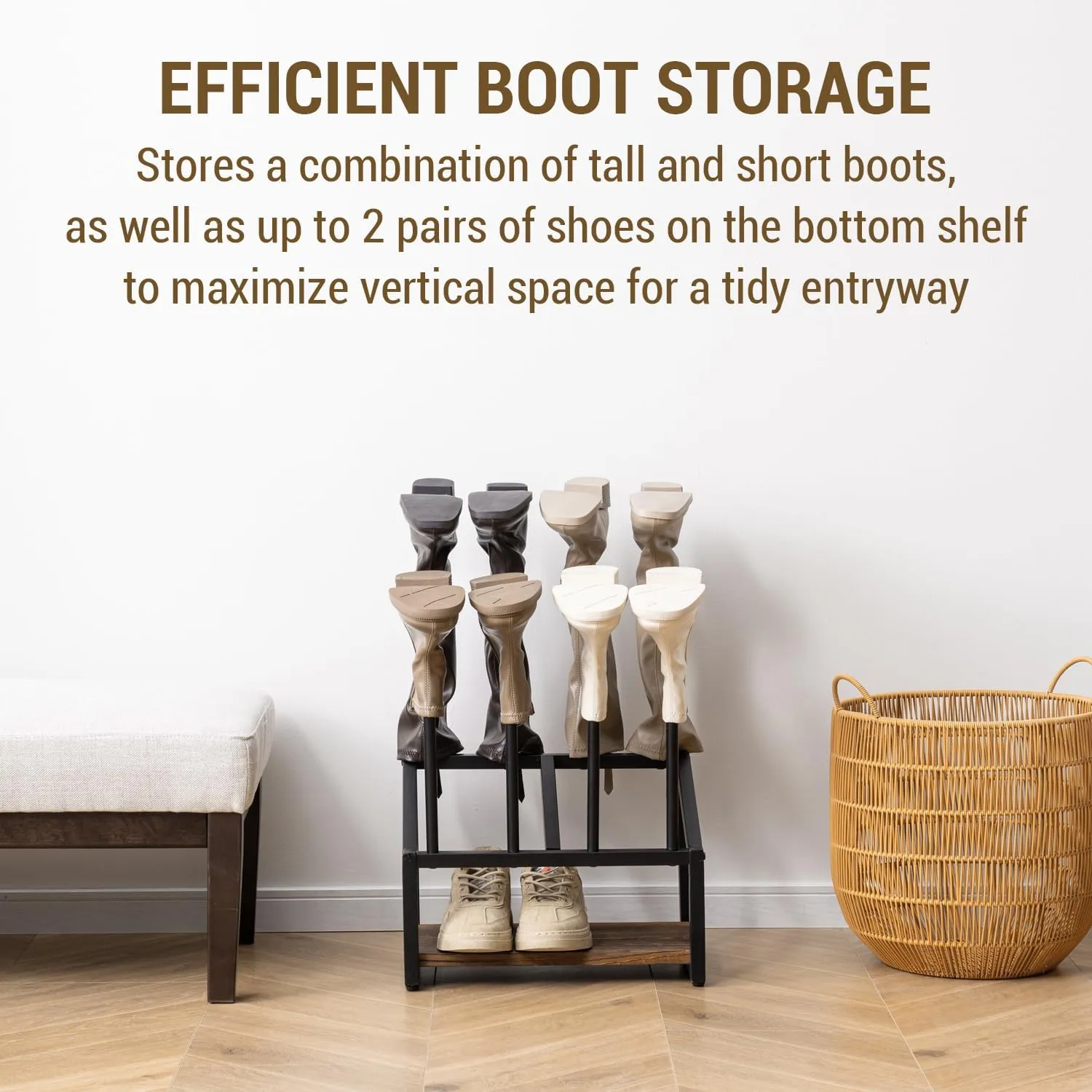 Industrial Metal & Burnt Wood 4-Pair Boot Rack with Shoe Shelf - Freestanding Rustic Entryway Organizer, Non-Slip Floor Protector for Mudroom/Garage/Closet