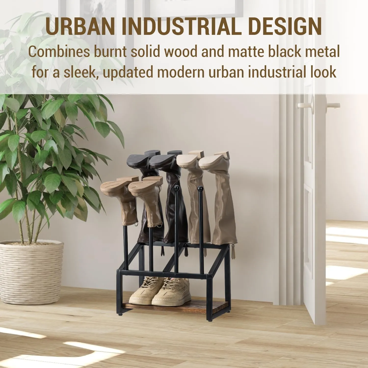 Industrial Metal & Burnt Wood 4-Pair Boot Rack with Shoe Shelf - Freestanding Rustic Entryway Organizer, Non-Slip Floor Protector for Mudroom/Garage/Closet