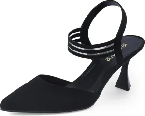 JENN ARDOR Women's Closed Toe Kitten Heels Slingback Pumps Elastic Ankle Strap Sandals Pointed Toe Wedding Prom Dress Shoes