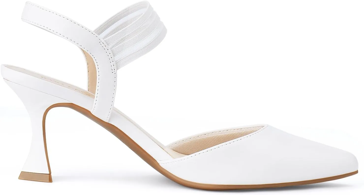 JENN ARDOR Women's Closed Toe Kitten Heels Slingback Pumps Elastic Ankle Strap Sandals Pointed Toe Wedding Prom Dress Shoes