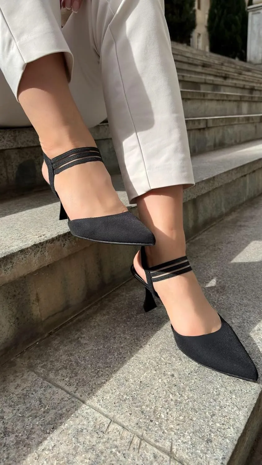 JENN ARDOR Women's Closed Toe Kitten Heels Slingback Pumps Elastic Ankle Strap Sandals Pointed Toe Wedding Prom Dress Shoes