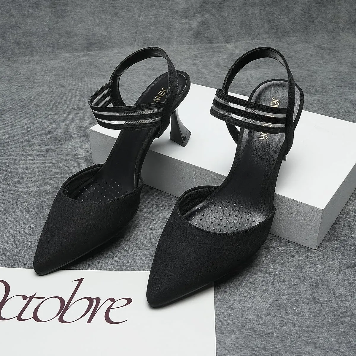 JENN ARDOR Women's Closed Toe Kitten Heels Slingback Pumps Elastic Ankle Strap Sandals Pointed Toe Wedding Prom Dress Shoes
