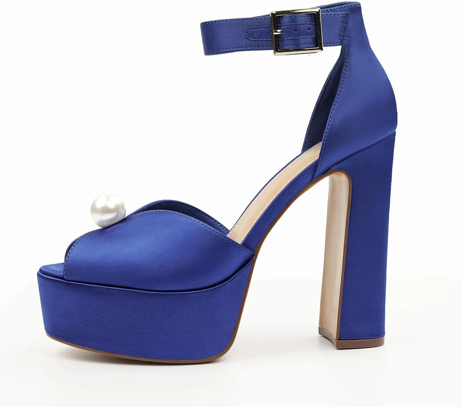 JENN ARDOR Womens Open Toe Pearl Platform Heels for Women Chunky Buckle Ankle Strap Wedding Heeled Sandals Dress Evening Bride Bridal Shoes