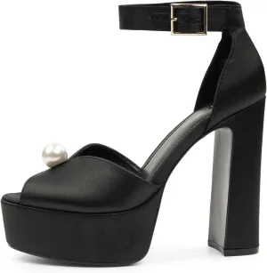JENN ARDOR Womens Open Toe Pearl Platform Heels for Women Chunky Buckle Ankle Strap Wedding Heeled Sandals Dress Evening Bride Bridal Shoes