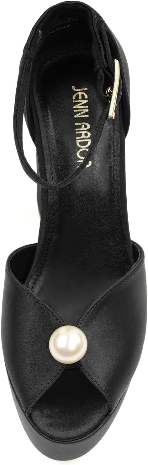 JENN ARDOR Womens Open Toe Pearl Platform Heels for Women Chunky Buckle Ankle Strap Wedding Heeled Sandals Dress Evening Bride Bridal Shoes
