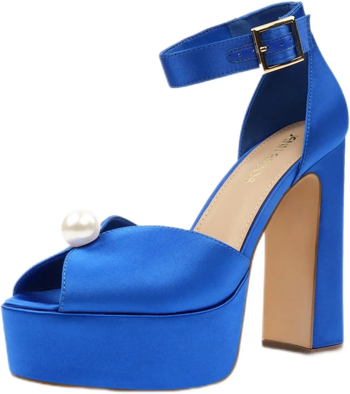 JENN ARDOR Womens Open Toe Pearl Platform Heels for Women Chunky Buckle Ankle Strap Wedding Heeled Sandals Dress Evening Bride Bridal Shoes