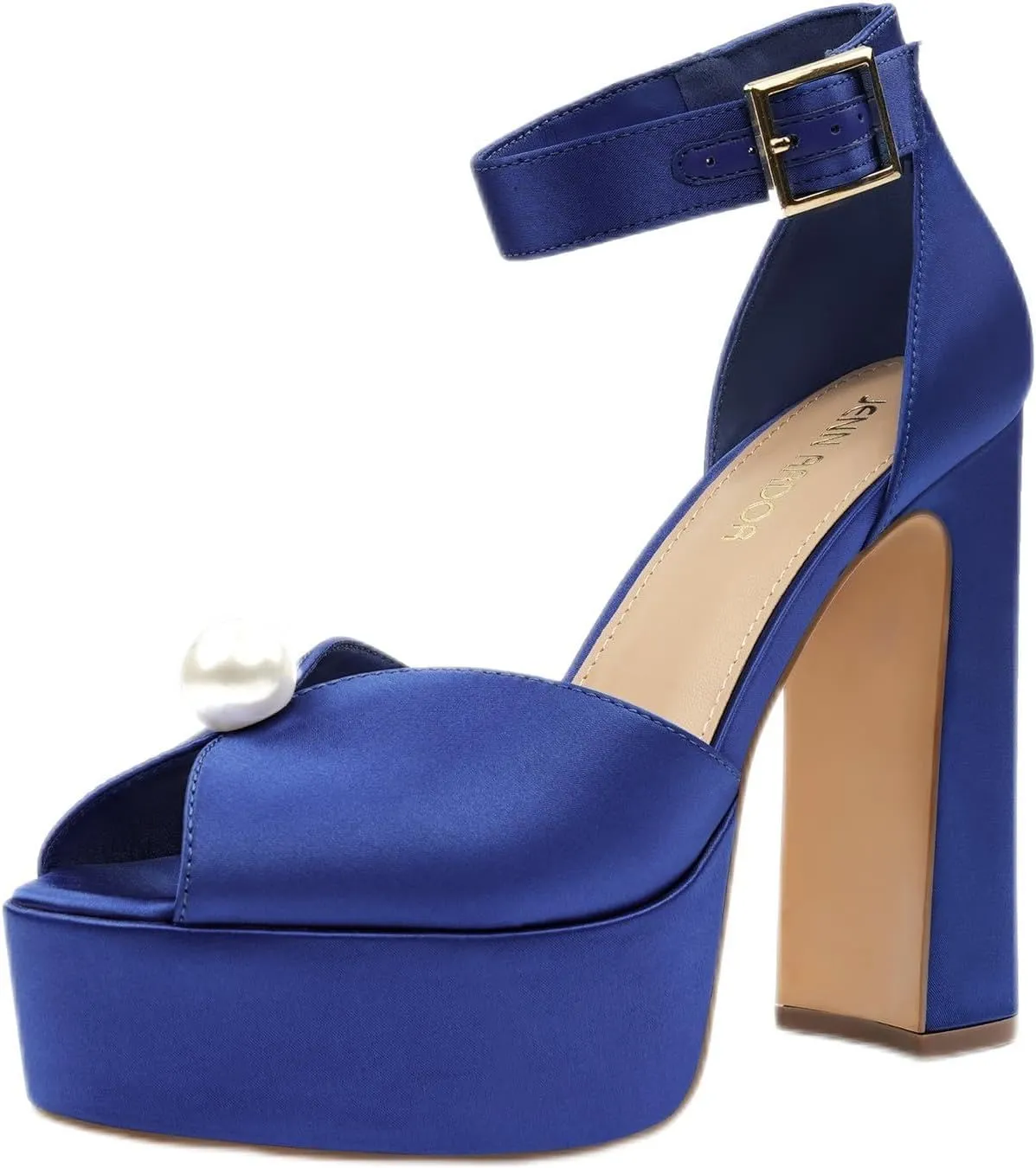 JENN ARDOR Womens Open Toe Pearl Platform Heels for Women Chunky Buckle Ankle Strap Wedding Heeled Sandals Dress Evening Bride Bridal Shoes