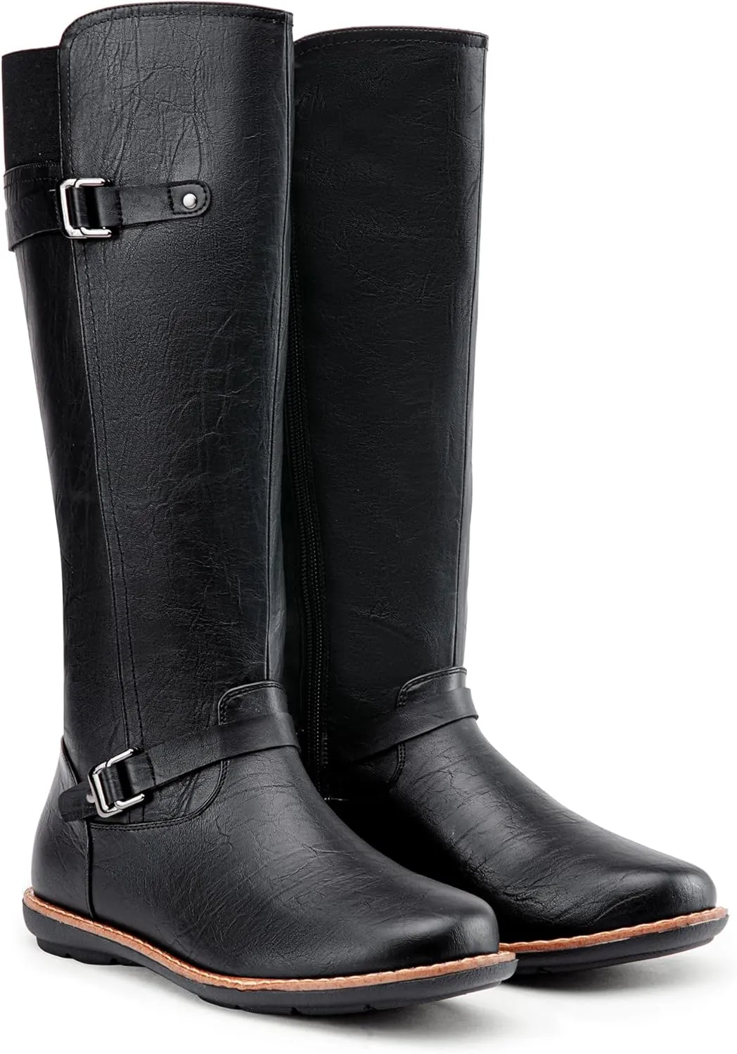 Jeossy Women's 9655 Knee High Boots Flat Riding Boots Buckle Tall Boots with Zipper for Women