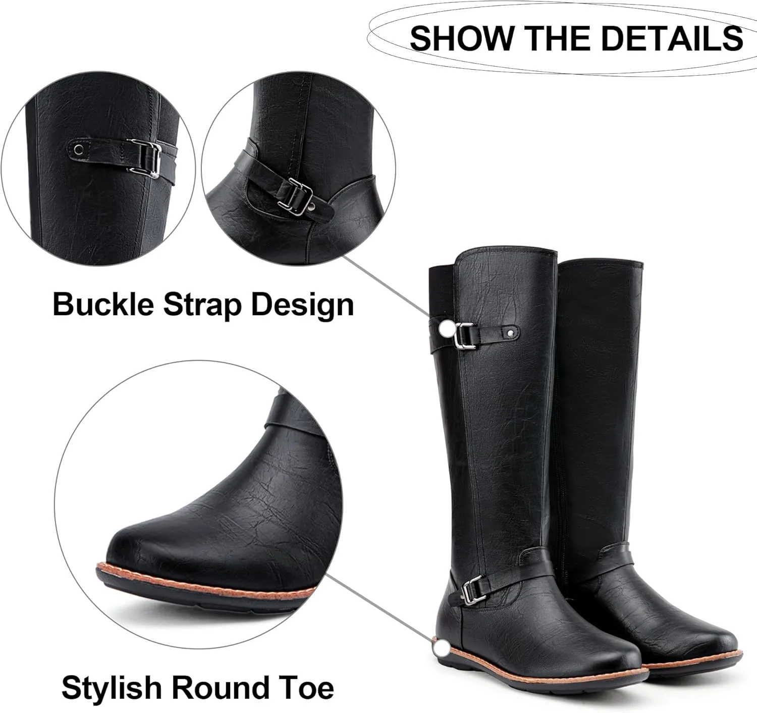 Jeossy Women's 9655 Knee High Boots Flat Riding Boots Buckle Tall Boots with Zipper for Women