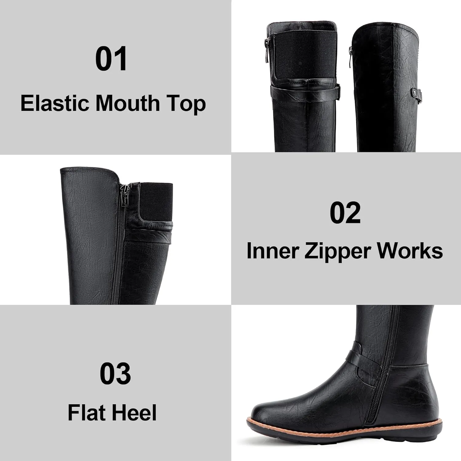 Jeossy Women's 9655 Knee High Boots Flat Riding Boots Buckle Tall Boots with Zipper for Women