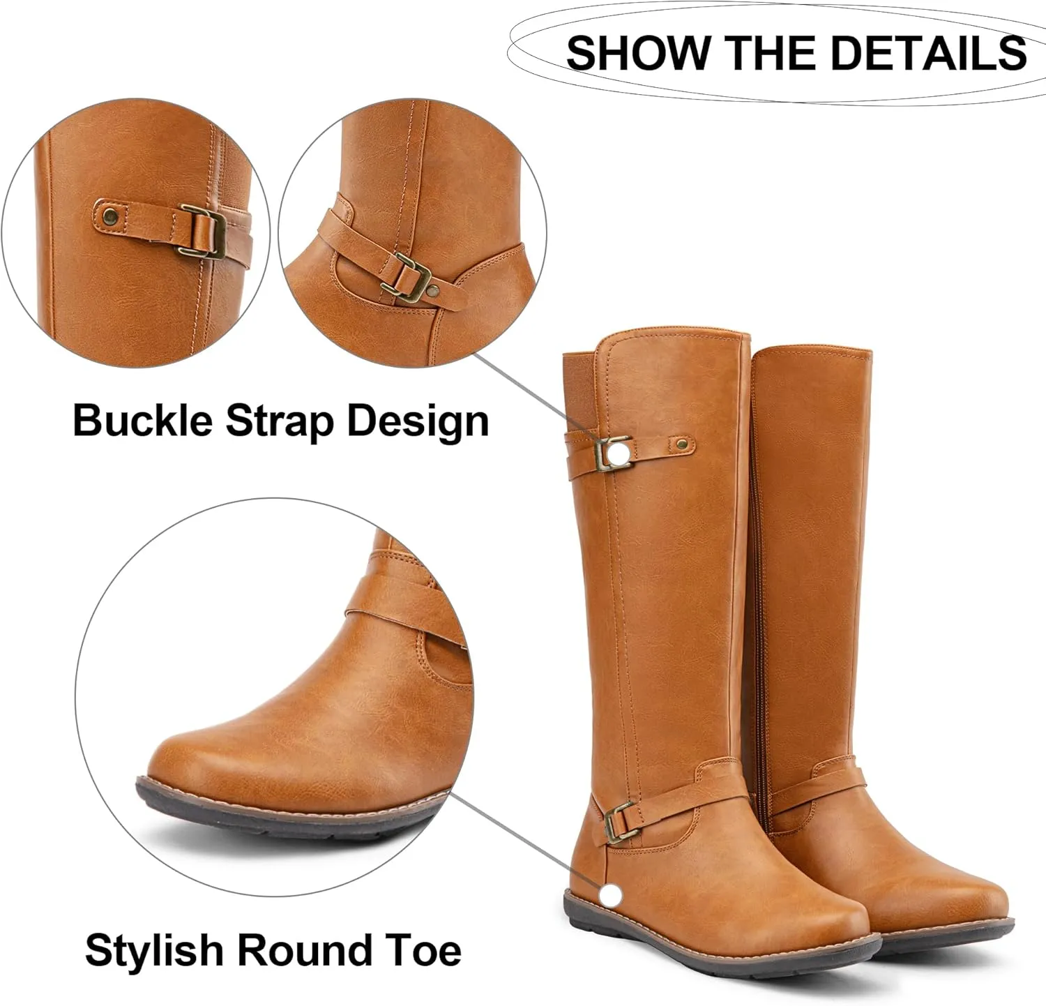 Jeossy Women's 9655 Knee High Boots Flat Riding Boots Buckle Tall Boots with Zipper for Women