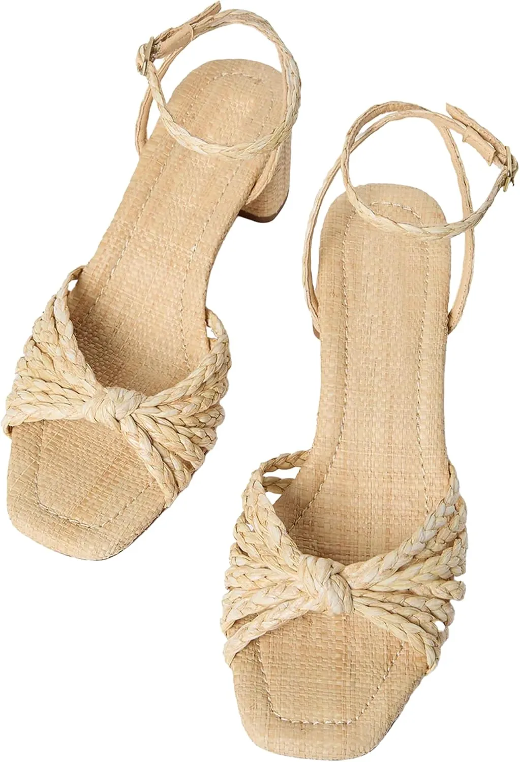 JORISTIMO Women's Bow Knot Heeled Sandals Raffia Espadrilles Open Square Toe Block Slingback Adjustable Ankle Strap Chunky Heels