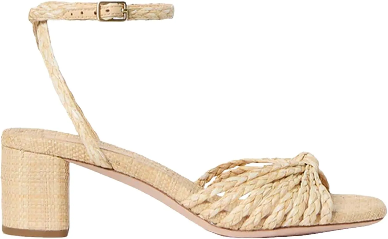 JORISTIMO Women's Bow Knot Heeled Sandals Raffia Espadrilles Open Square Toe Block Slingback Adjustable Ankle Strap Chunky Heels