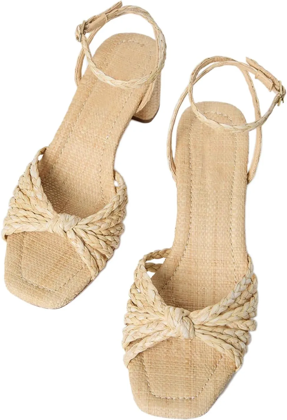 JORISTIMO Women's Bow Knot Heeled Sandals Raffia Espadrilles Open Square Toe Block Slingback Adjustable Ankle Strap Chunky Heels