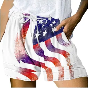 July 4th Shorts for Women American Flag Printed Drawstring Elastic Waist Shorts Party in The USA Summer Fashion 2023