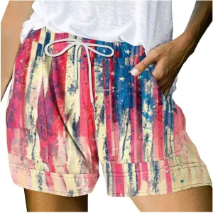 July 4th Shorts for Women American Flag Printed Drawstring Elastic Waist Shorts Party in The USA Summer Fashion 2023