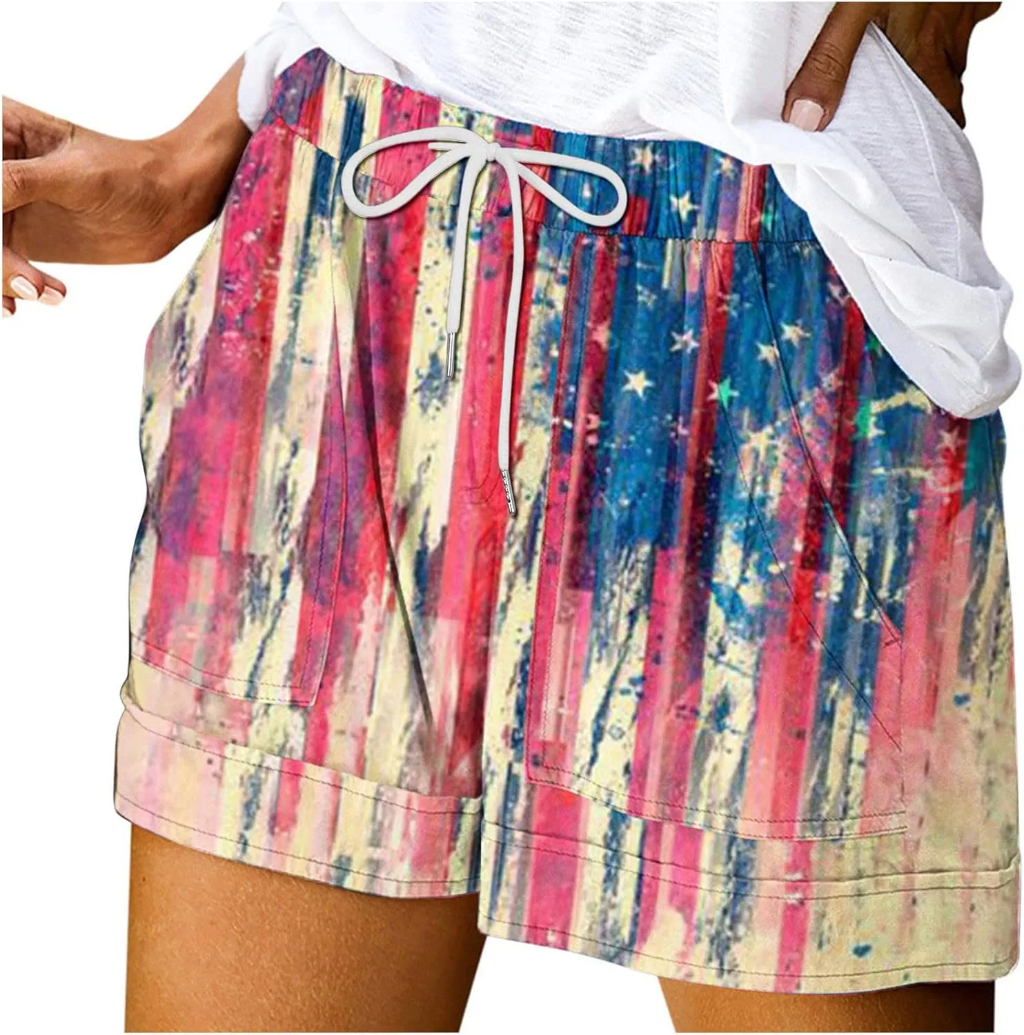 July 4th Shorts for Women American Flag Printed Drawstring Elastic Waist Shorts Party in The USA Summer Fashion 2023