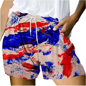 July 4th Shorts for Women American Flag Printed Drawstring Elastic Waist Shorts Party in The USA Summer Fashion 2023