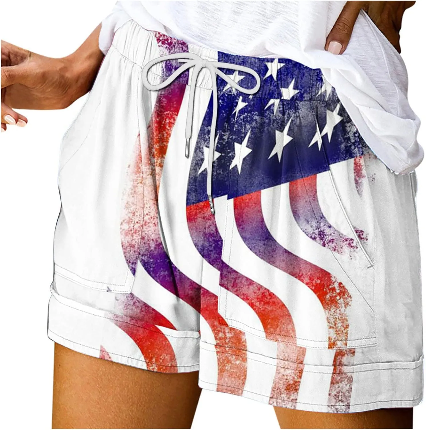 July 4th Shorts for Women American Flag Printed Drawstring Elastic Waist Shorts Party in The USA Summer Fashion 2023