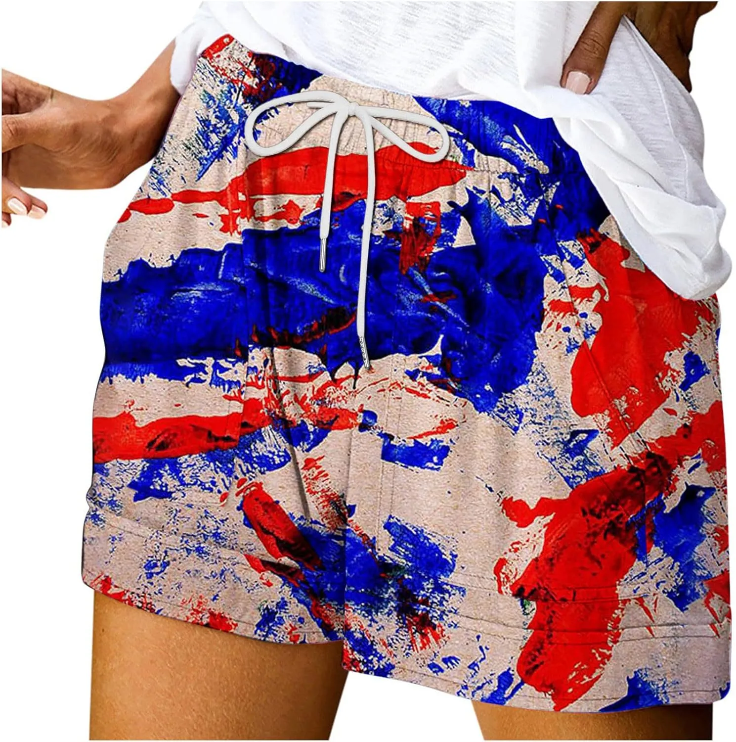 July 4th Shorts for Women American Flag Printed Drawstring Elastic Waist Shorts Party in The USA Summer Fashion 2023