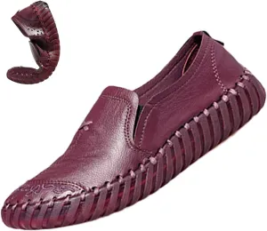 Keilinia Women's Leather Loafers Slip-on Casual Shoes,Comfort Hollow Breathe Hand-Stitching Non-Slip Ox Softsole Walking Flats