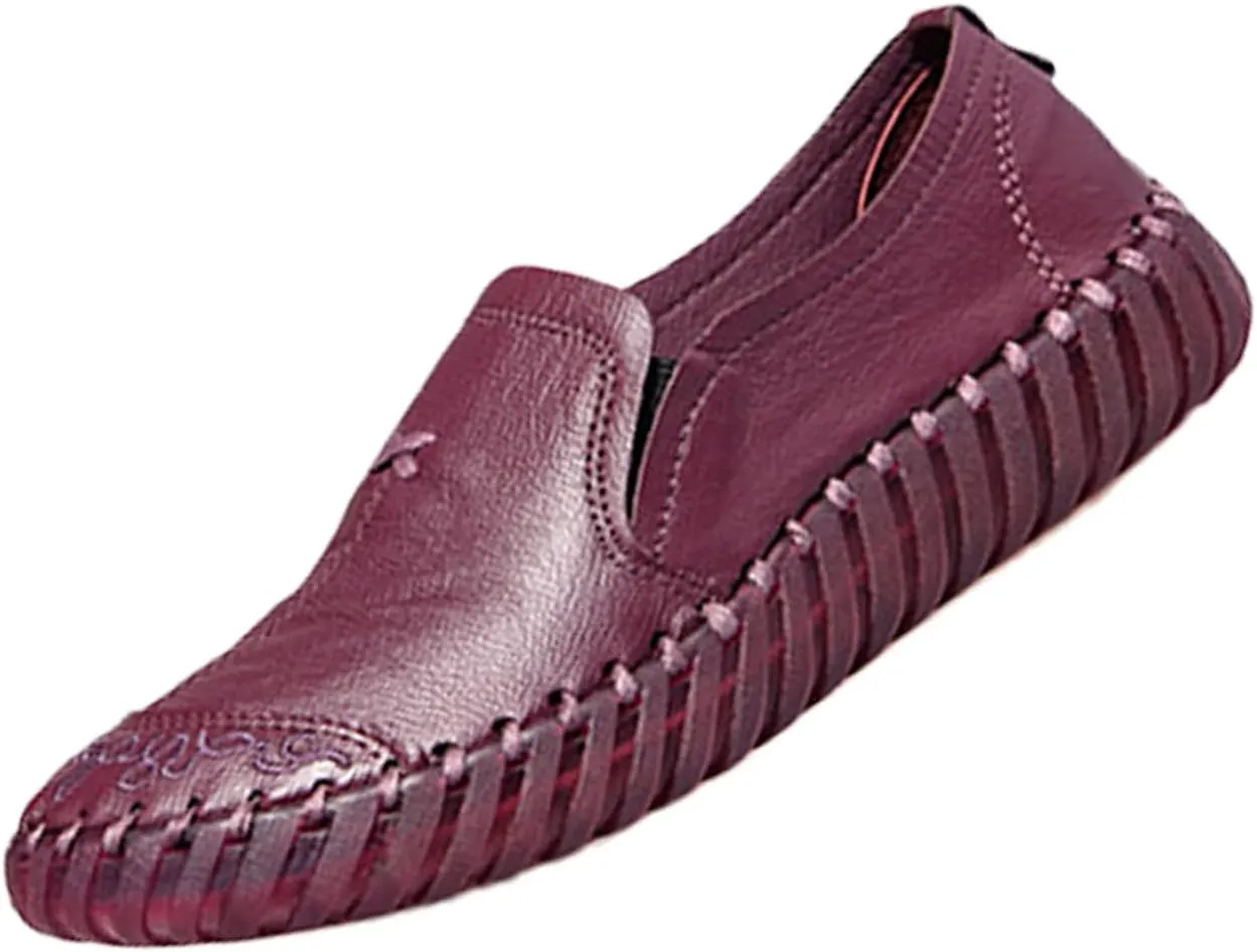 Keilinia Women's Leather Loafers Slip-on Casual Shoes,Comfort Hollow Breathe Hand-Stitching Non-Slip Ox Softsole Walking Flats