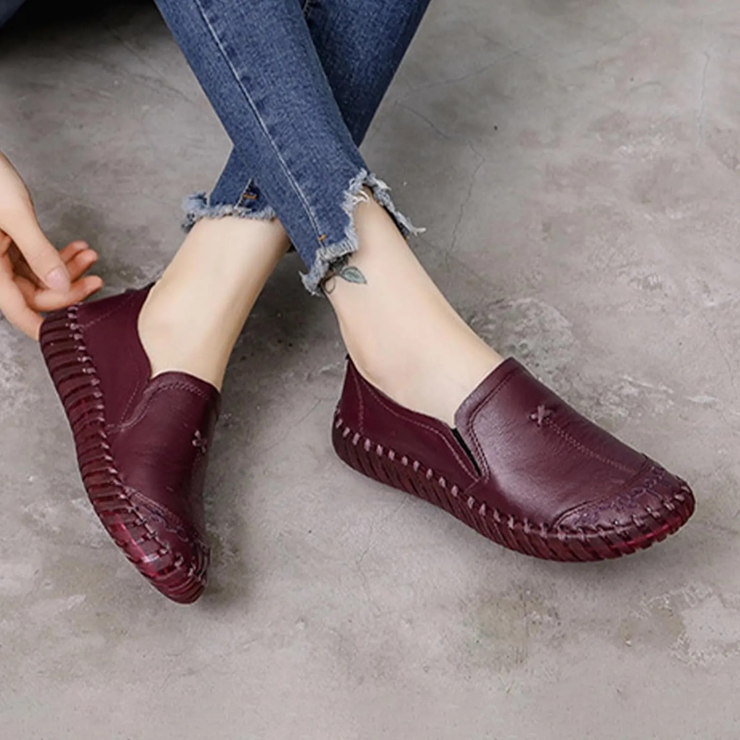 Keilinia Women's Leather Loafers Slip-on Casual Shoes,Comfort Hollow Breathe Hand-Stitching Non-Slip Ox Softsole Walking Flats