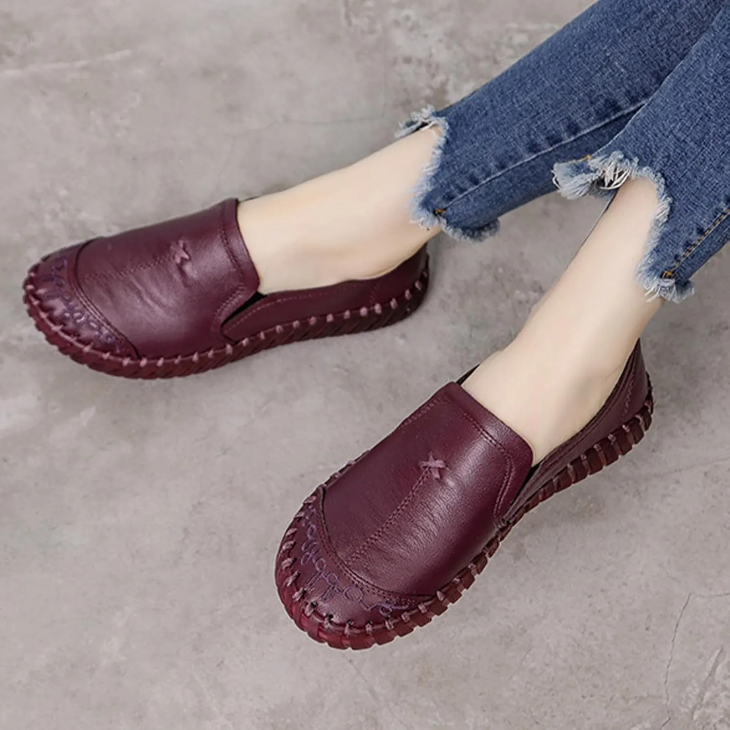 Keilinia Women's Leather Loafers Slip-on Casual Shoes,Comfort Hollow Breathe Hand-Stitching Non-Slip Ox Softsole Walking Flats