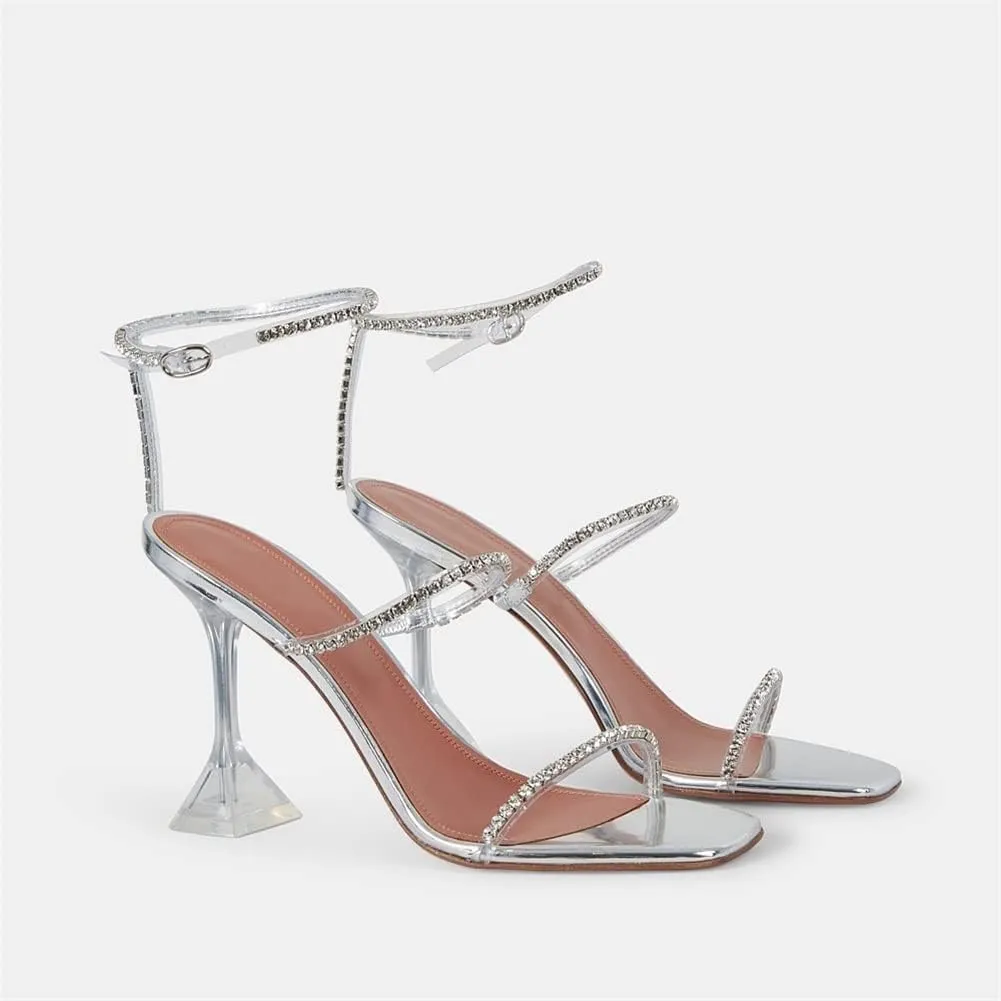 keleimusi Diamante Strap Heeled Sandals for Women Ankle Strappy Flared High Heels 4 Inches