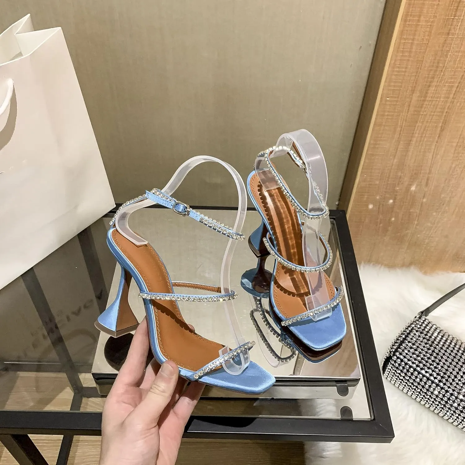 keleimusi Diamante Strap Heeled Sandals for Women Ankle Strappy Flared High Heels 4 Inches