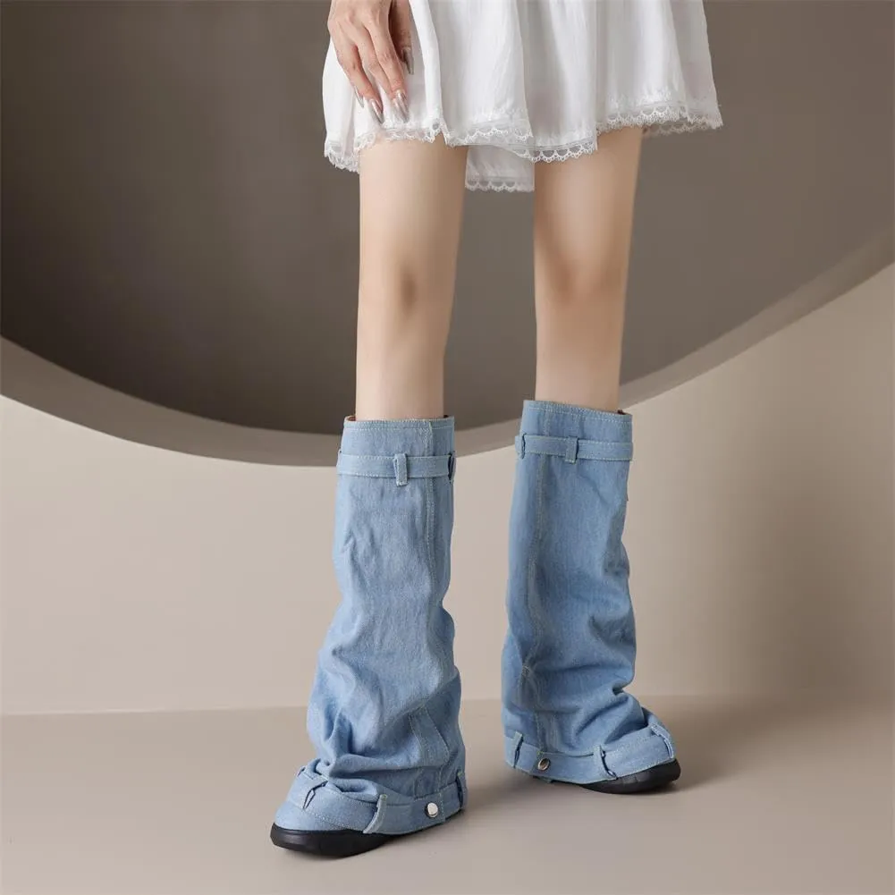 keleimusi PadLock Fold Over Knee High Biker Denim Jeans Boots for Women