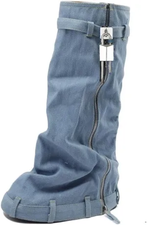 keleimusi PadLock Fold Over Knee High Biker Denim Jeans Boots for Women