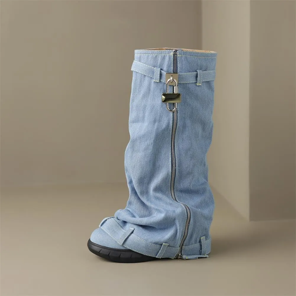 keleimusi PadLock Fold Over Knee High Biker Denim Jeans Boots for Women