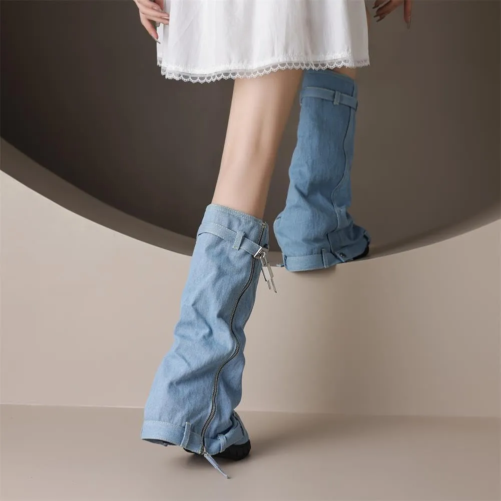 keleimusi PadLock Fold Over Knee High Biker Denim Jeans Boots for Women