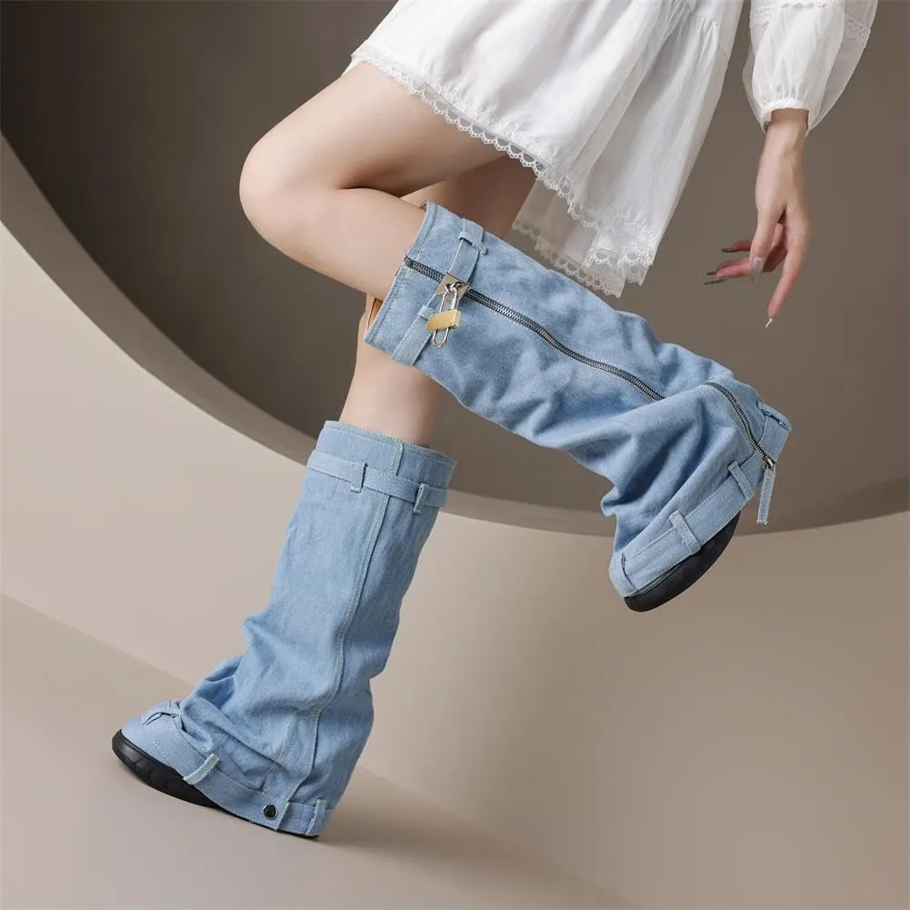 keleimusi PadLock Fold Over Knee High Biker Denim Jeans Boots for Women