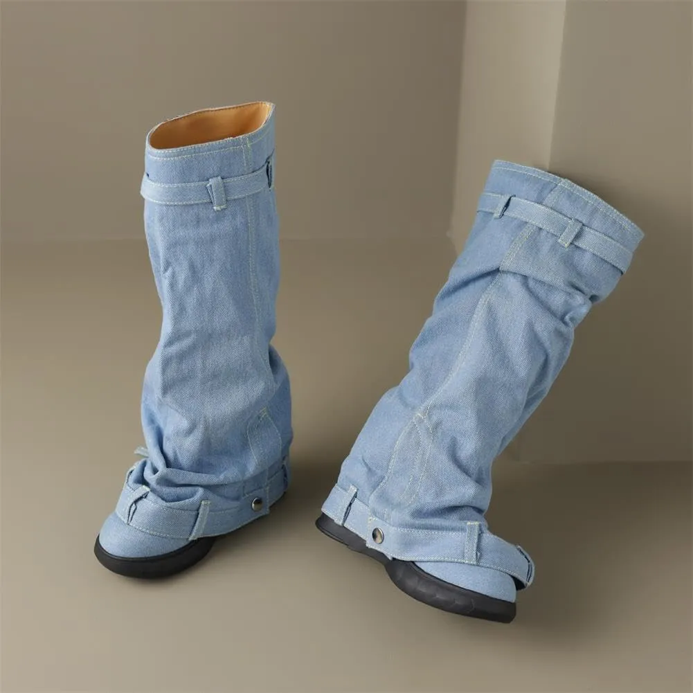 keleimusi PadLock Fold Over Knee High Biker Denim Jeans Boots for Women