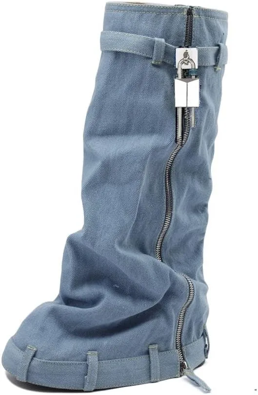 keleimusi PadLock Fold Over Knee High Biker Denim Jeans Boots for Women