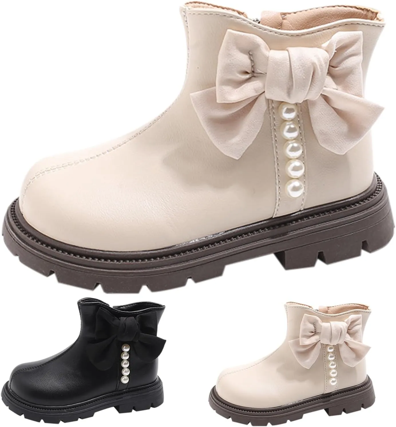 Kids Girls Pearl Bowknot Princess Dress Boots Soft Sole Anti Slip Fashion Cute Birthday Wedding Shoes with Zipper