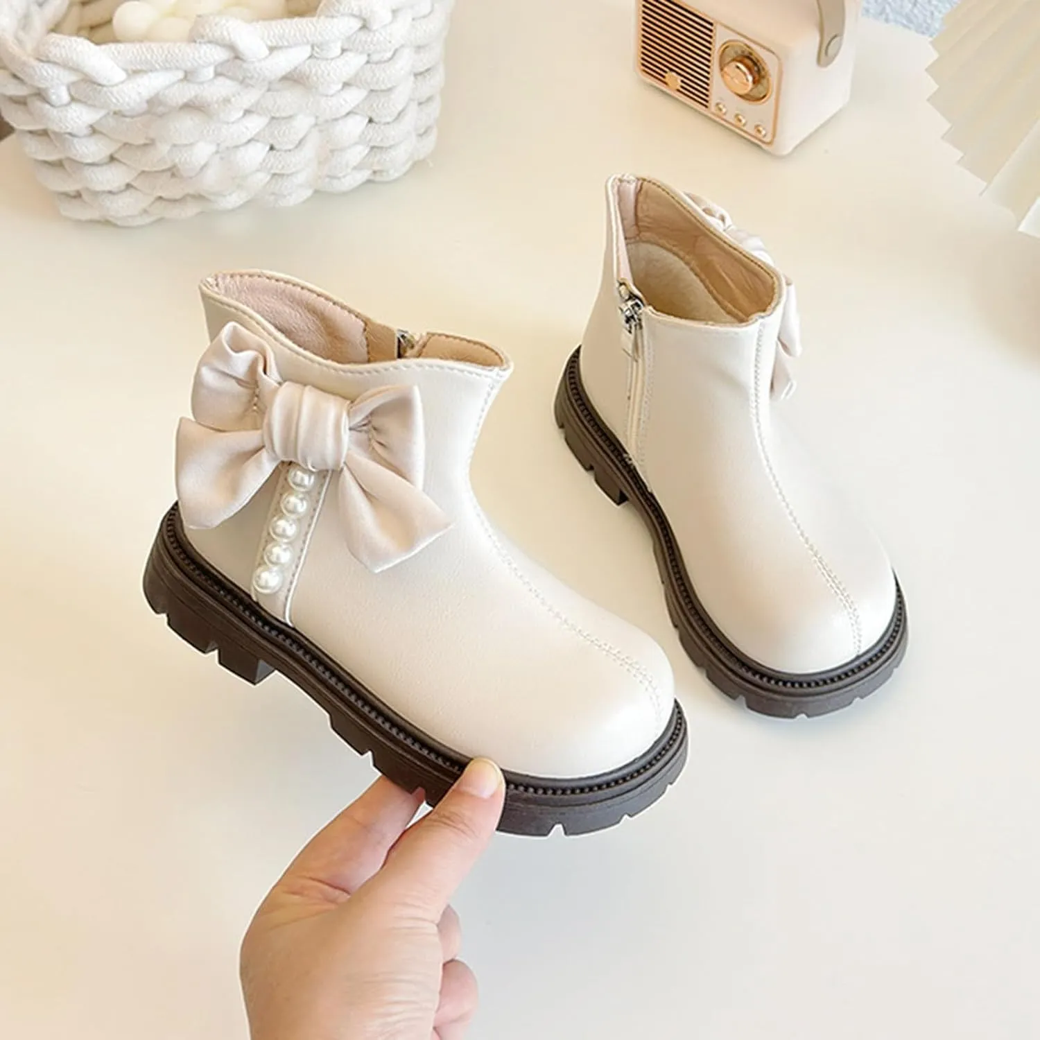 Kids Girls Pearl Bowknot Princess Dress Boots Soft Sole Anti Slip Fashion Cute Birthday Wedding Shoes with Zipper