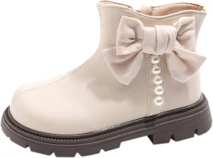 Kids Girls Pearl Bowknot Princess Dress Boots Soft Sole Anti Slip Fashion Cute Birthday Wedding Shoes with Zipper