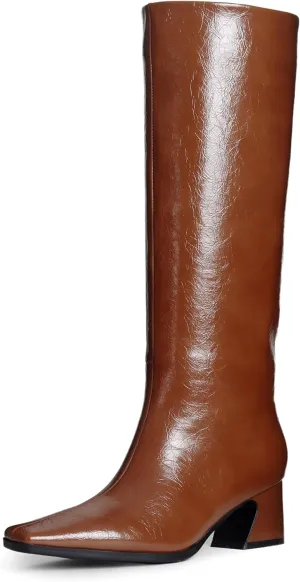 Knee High Boots for Women, Low Kitten Heel, Pull-on Block Heel, Square Toe, Flat Tall Riding Boots, Gogo Boots, Faux Leather