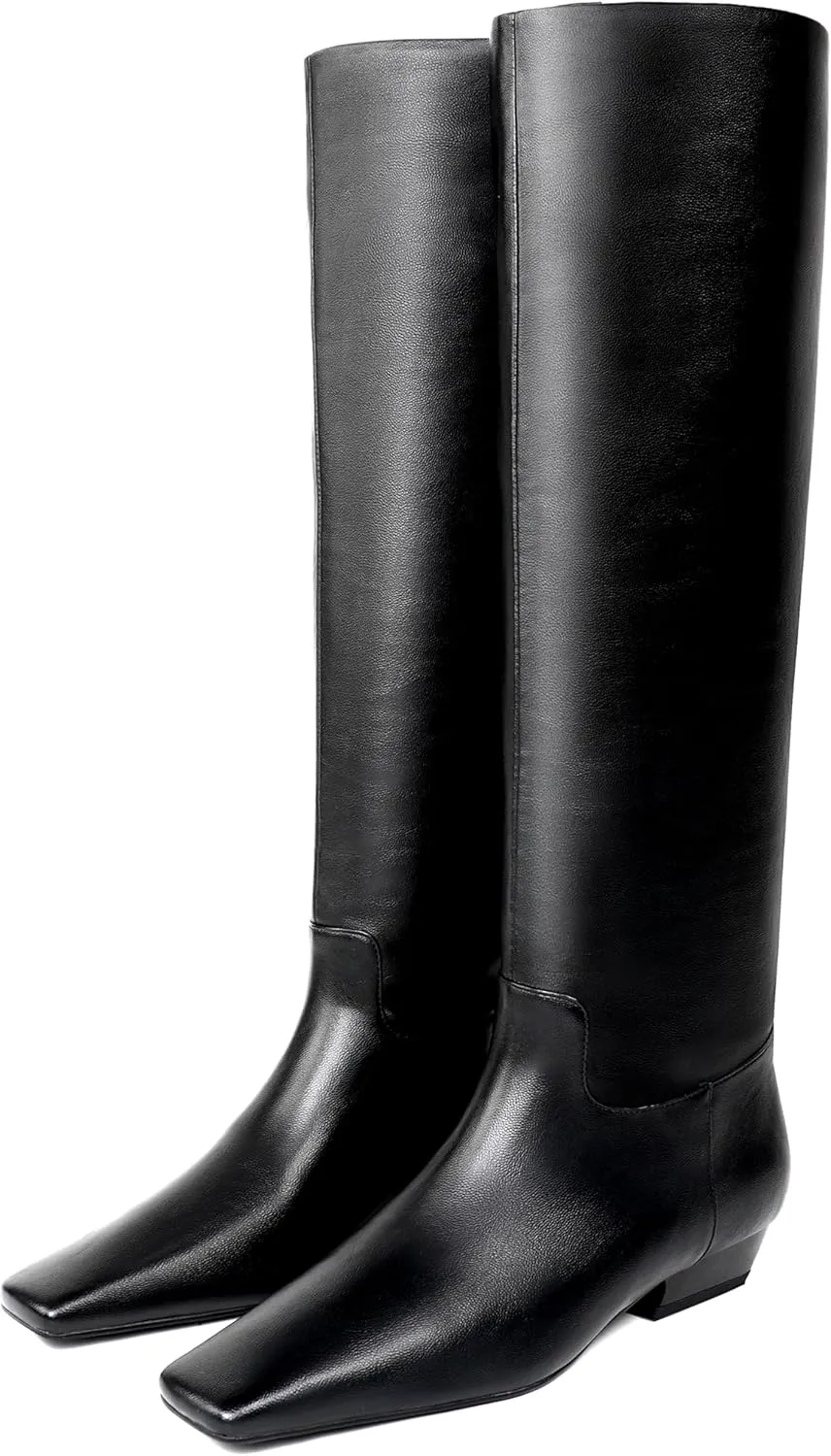 Knee High Boots for Women, Low Kitten Heel, Pull-on Block Heel, Square Toe, Flat Tall Riding Boots, Gogo Boots, Faux Leather